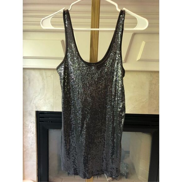 Express Sexy Basic Women’s Gray 2 Piece Sequin Twin set Tank With 1/4 Sleeve Sha - Picture 6 of 10
